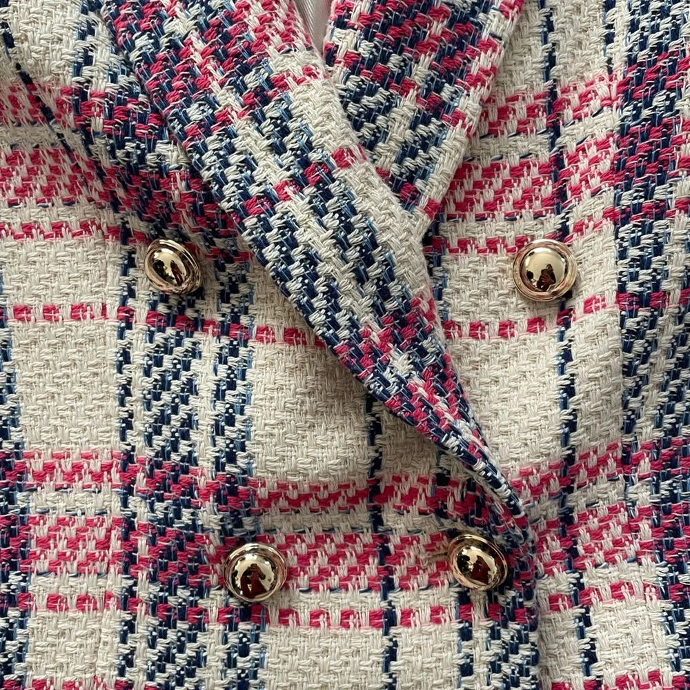 Zara Blue Pink Cream Plaid Tweed Double Breasted Blazer NWT Size XS Cropped - Picture 4 of 4
